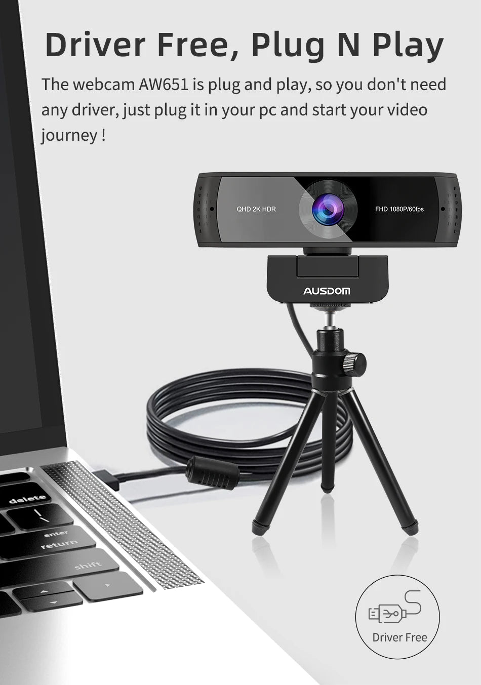 AUSDOM AW651 QHD 2K HDR 30FPS Webcam Autofocus 1080P 60FPS Web Camera With Noise-cancelling Mics and Free Privacy Cover for Live