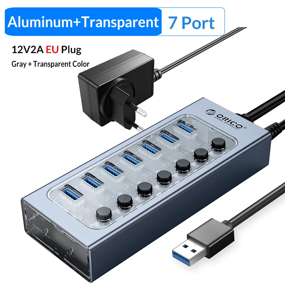 ORICO Powered USB 3.0 HUB 7/10/13/16 Ports USB Extension with On/Off Switches 12V Power Adapter Support BC1.2 Charging Splitter