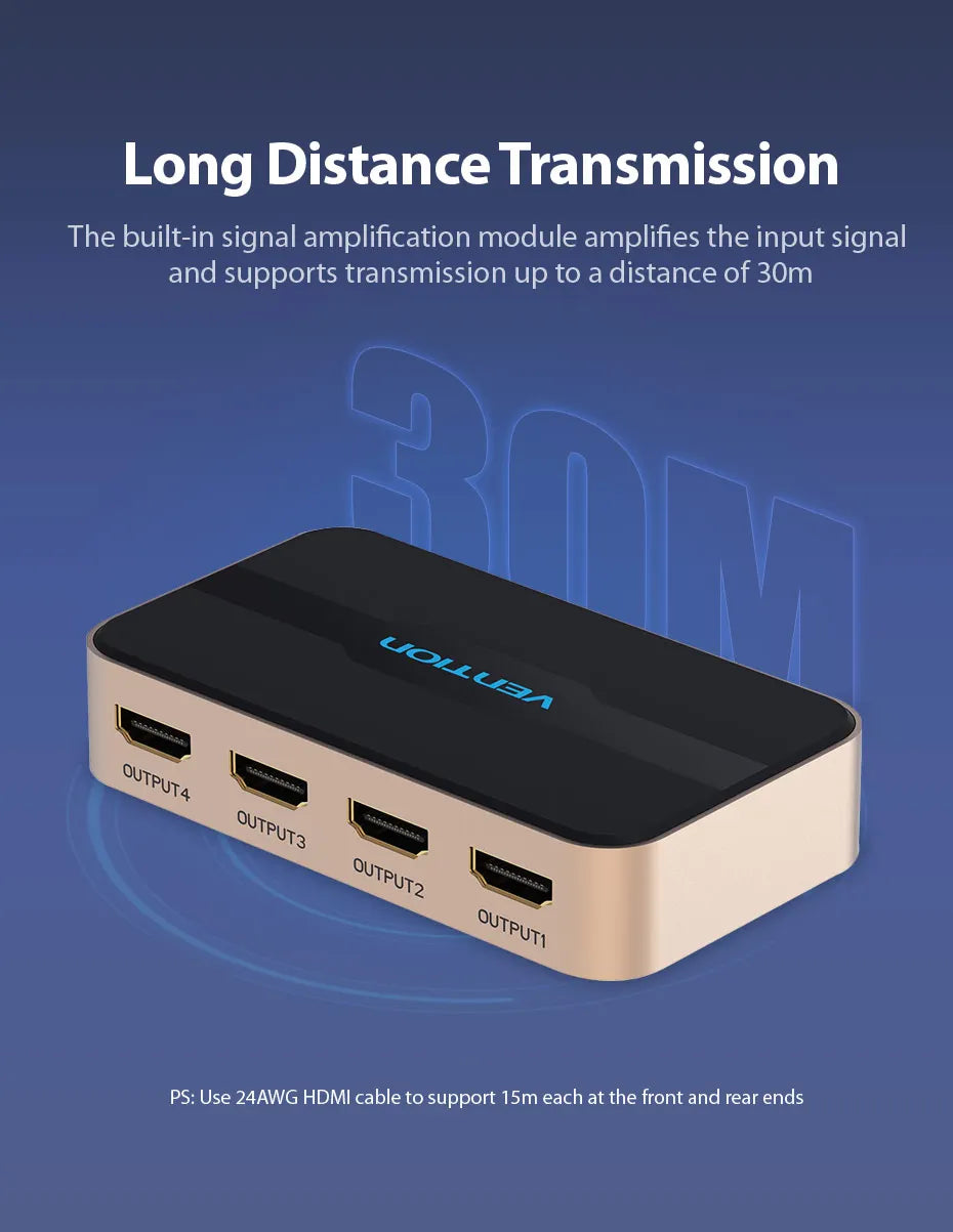 Vention HDMI Splitter 1 In 4 Out HD 4K/30Hz HDMI Switch HDMI 1.4 1x2 1x4 Adapter With Power Supply for Xbox PS4 TV HDMI Switcher