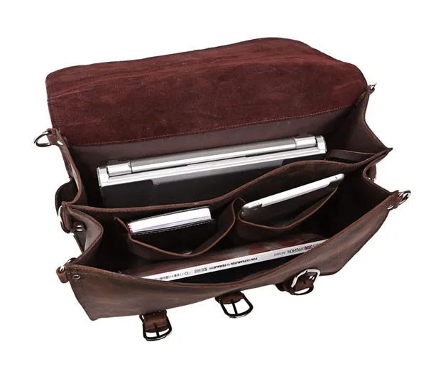 Vintage Crazy Horse Genuine Leather Men Briefcase Business Bag Large Leather Briefcase Male 15.6