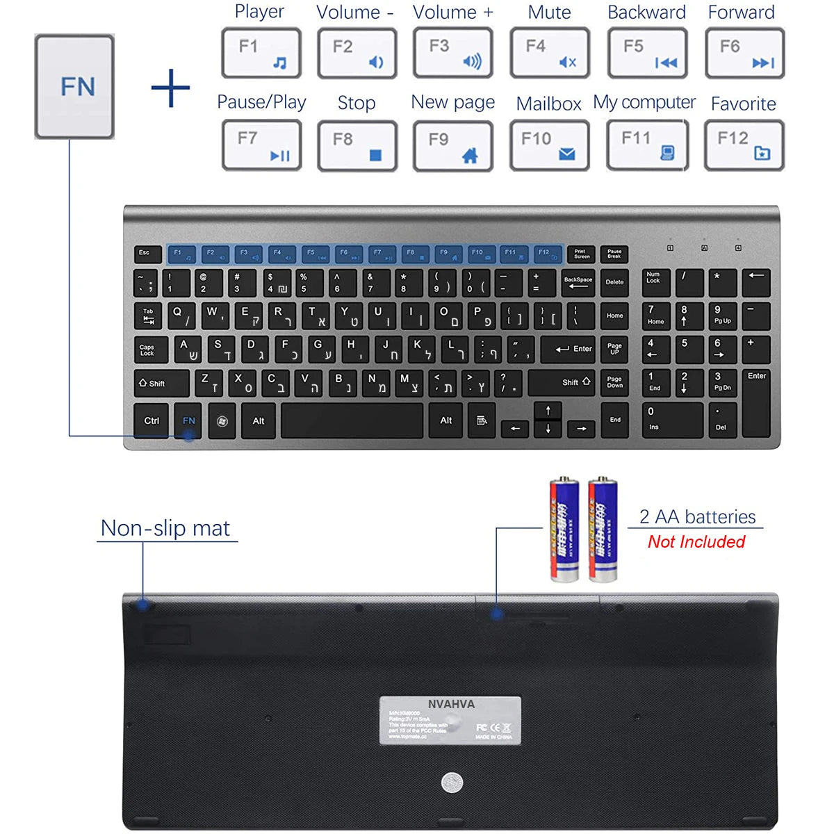 Israel Hebrew Wireless Keyboard Mouse Combos Ultra-Thin Multimedia Full-Size Keyboard and Mouse Low Noise for Notebook Laptop