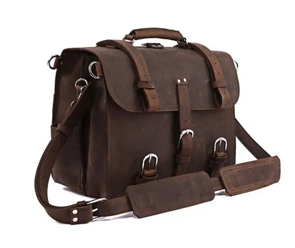 Vintage Crazy Horse Genuine Leather Men Briefcase Business Bag Large Leather Briefcase Male 15.6