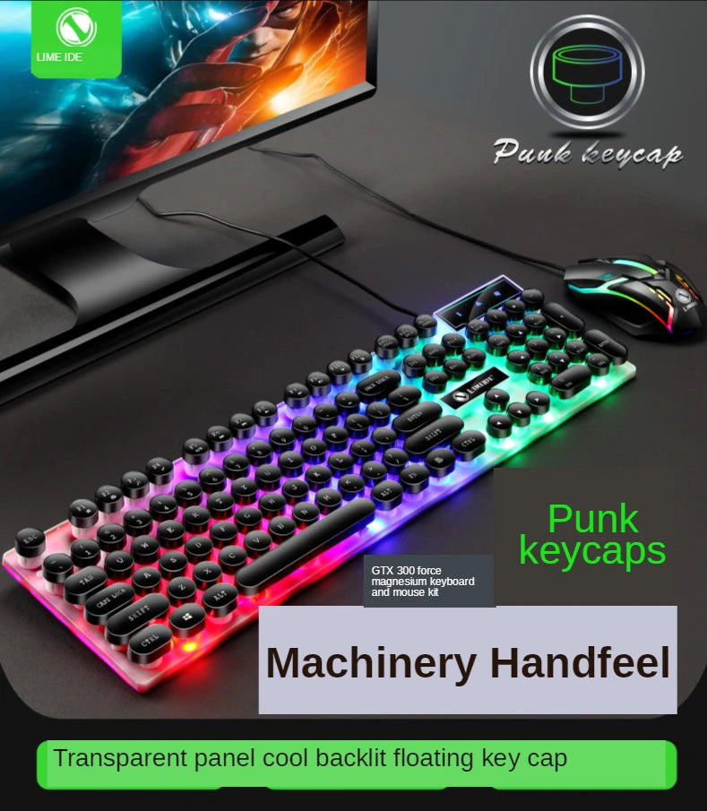 GTX300 Typewriter Keyboard and Mouse Set Punk Retro Keyboard Backlit Game USB Wired Keyboard and Mouse Set for PC Desktops