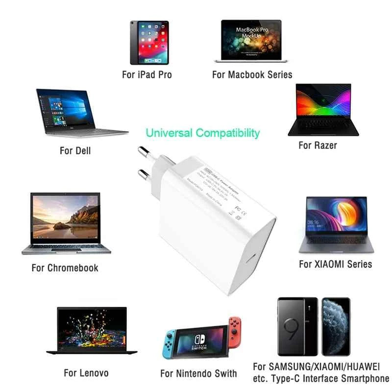 100W/65W/45W PD/QC3.0 USB C Fast Power Adapter 100W Type-C Cable For MacBook/iPad Dell Lenovo Surface Pro USB-C Laptop Tablet