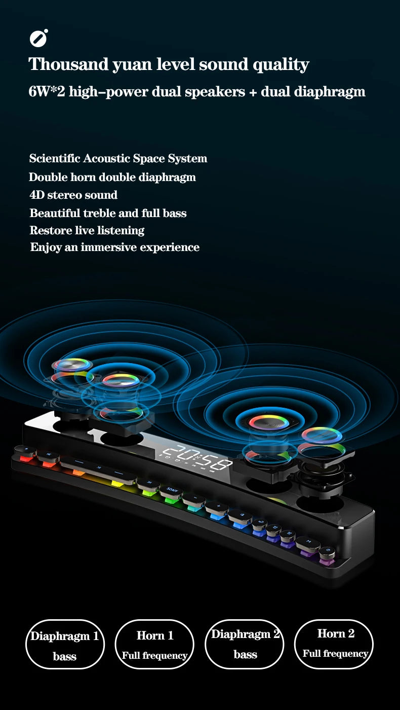 Computer Audio Desktop Notebook Long Multimedia Gaming Bluetooth Speaker Game Subwoofer 7 Color LED Lights/FM
