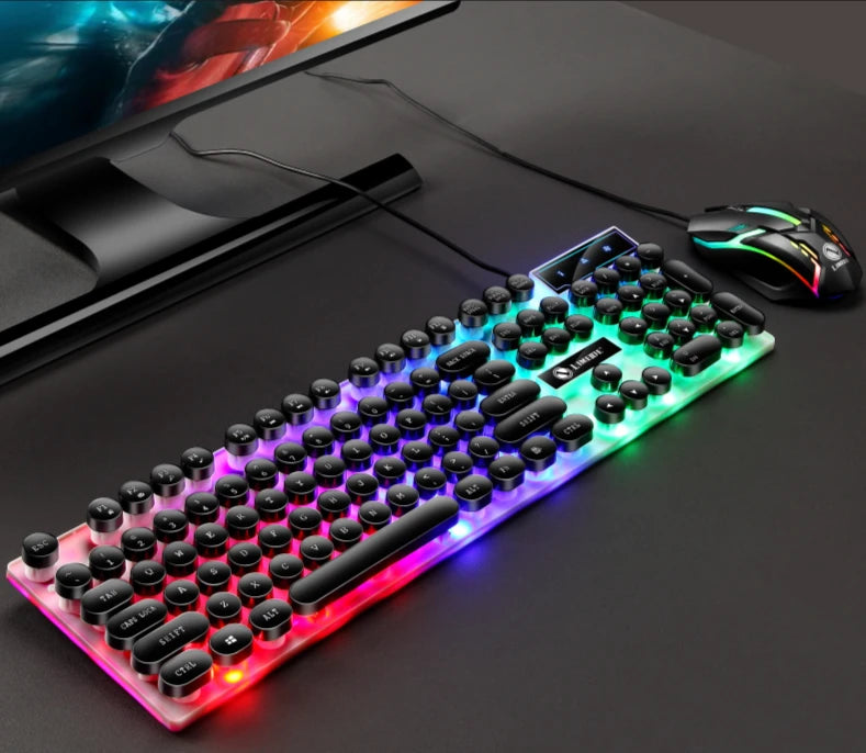 GTX300 Typewriter Keyboard and Mouse Set Punk Retro Keyboard Backlit Game USB Wired Keyboard and Mouse Set for PC Desktops