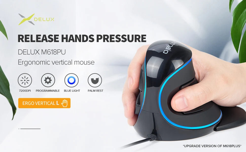 Delux M618PU Wired Vertical Ergonomic Mouse with 7200DPI Blue LED 6 Programmble Light On-Board Software For PC Computer Laptop
