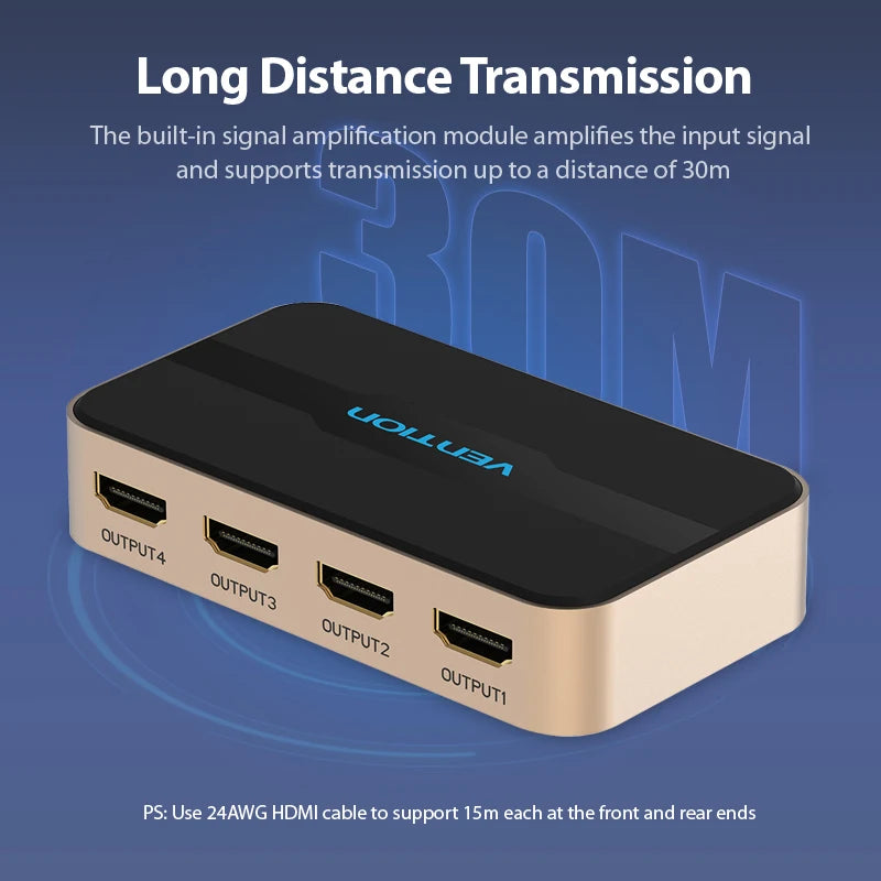 Vention HDMI Splitter 1 In 4 Out HD 4K/30Hz HDMI Switch HDMI 1.4 1x2 1x4 Adapter With Power Supply for Xbox PS4 TV HDMI Switcher