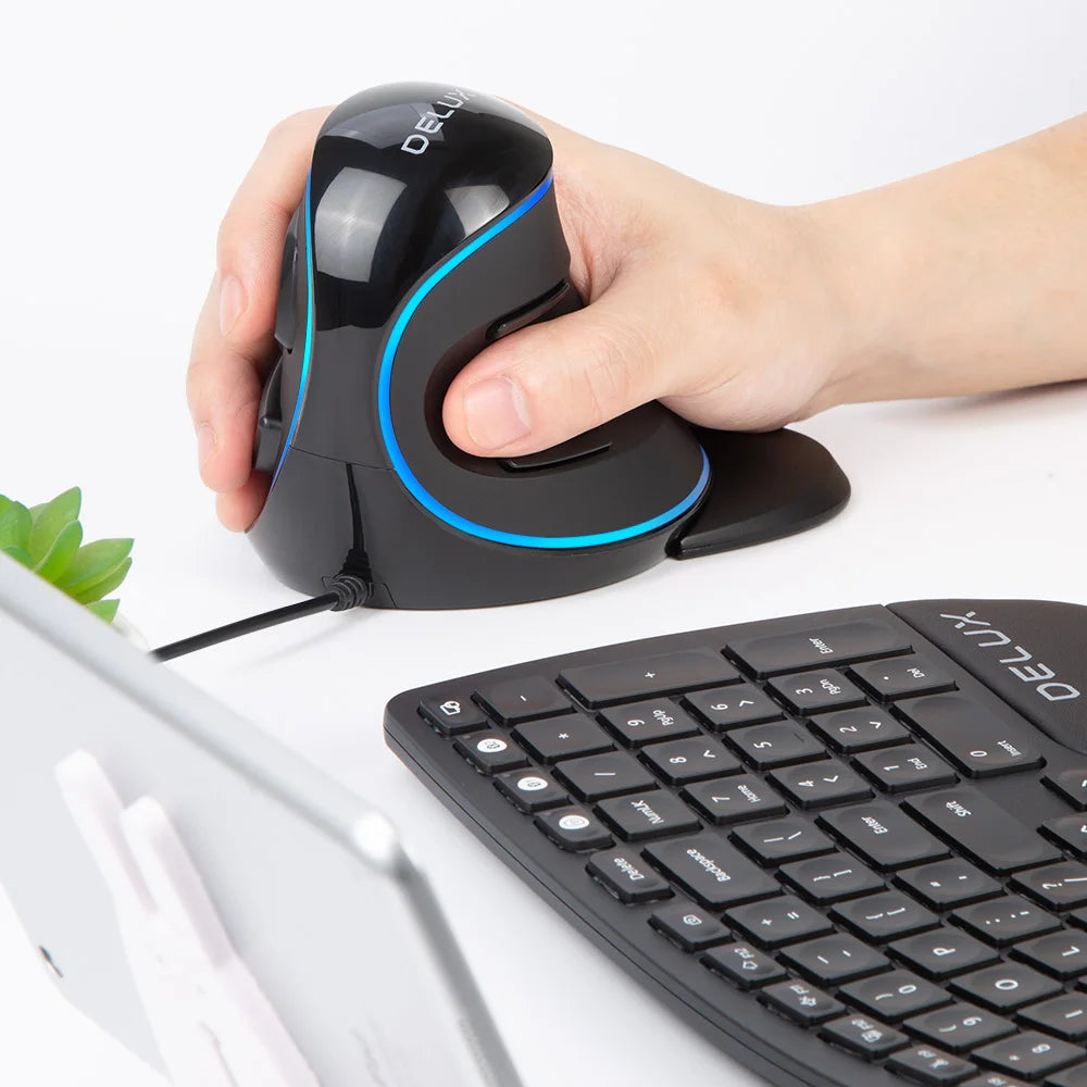 Delux M618PU Wired Vertical Ergonomic Mouse with 7200DPI Blue LED 6 Programmble Light On-Board Software For PC Computer Laptop