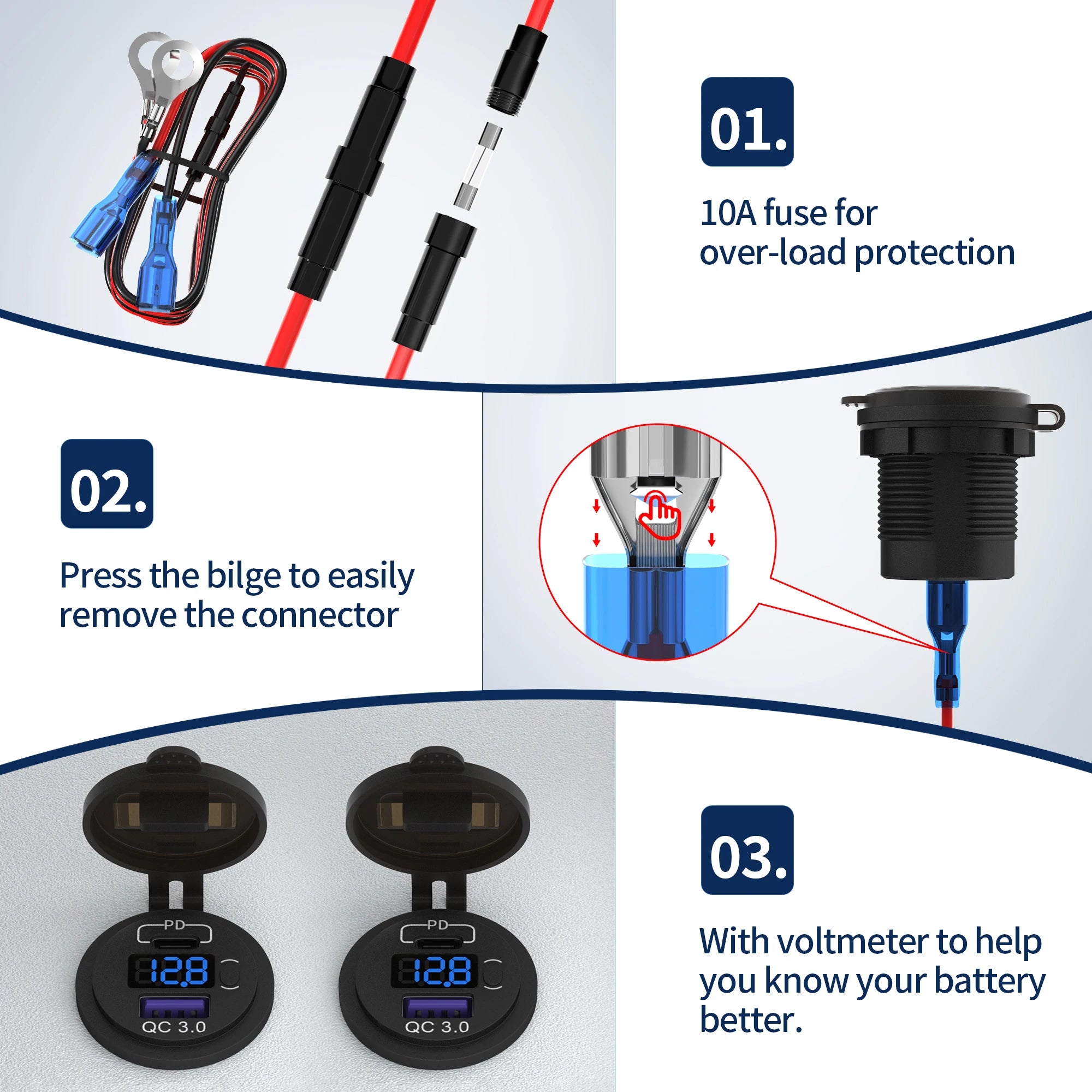 Fast Charging USB Charger Dual Port 48W PD QC3.0 Power Socket with Switch for Car Motorcycle RV Boat