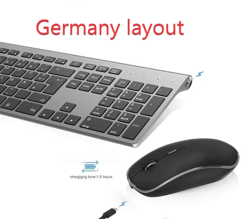 Wireless Keyboard and Mouse Combo Rechargeable 2.4G USB Ultra Slim Full Size Keyboard & Mouse Set,France/Germany/Spain/US Layout