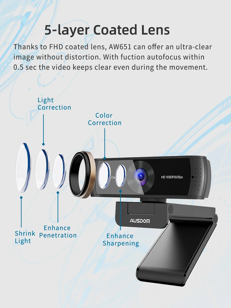 AUSDOM AW651 QHD 2K HDR 30FPS Webcam Autofocus 1080P 60FPS Web Camera With Noise-cancelling Mics and Free Privacy Cover for Live