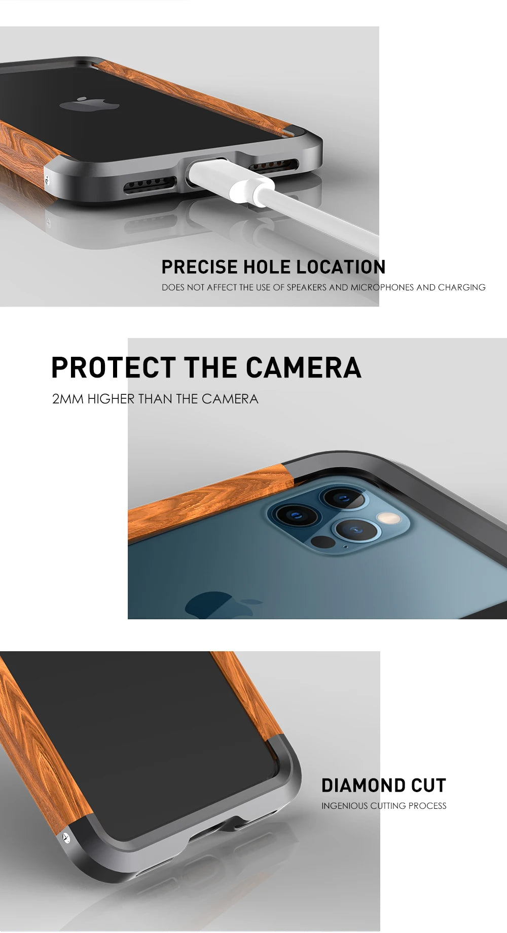High Quality Natural Wood Phone Case for iPhone 14 13 12 11 Pro Max Mini XR XS Max X 7 8 SE Aluminum Metal+Wood Bumper Cover