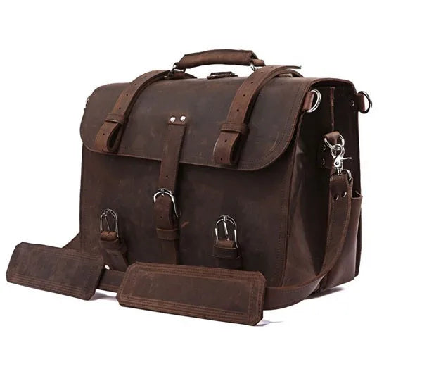 Vintage Crazy Horse Genuine Leather Men Briefcase Business Bag Large Leather Briefcase Male 15.6