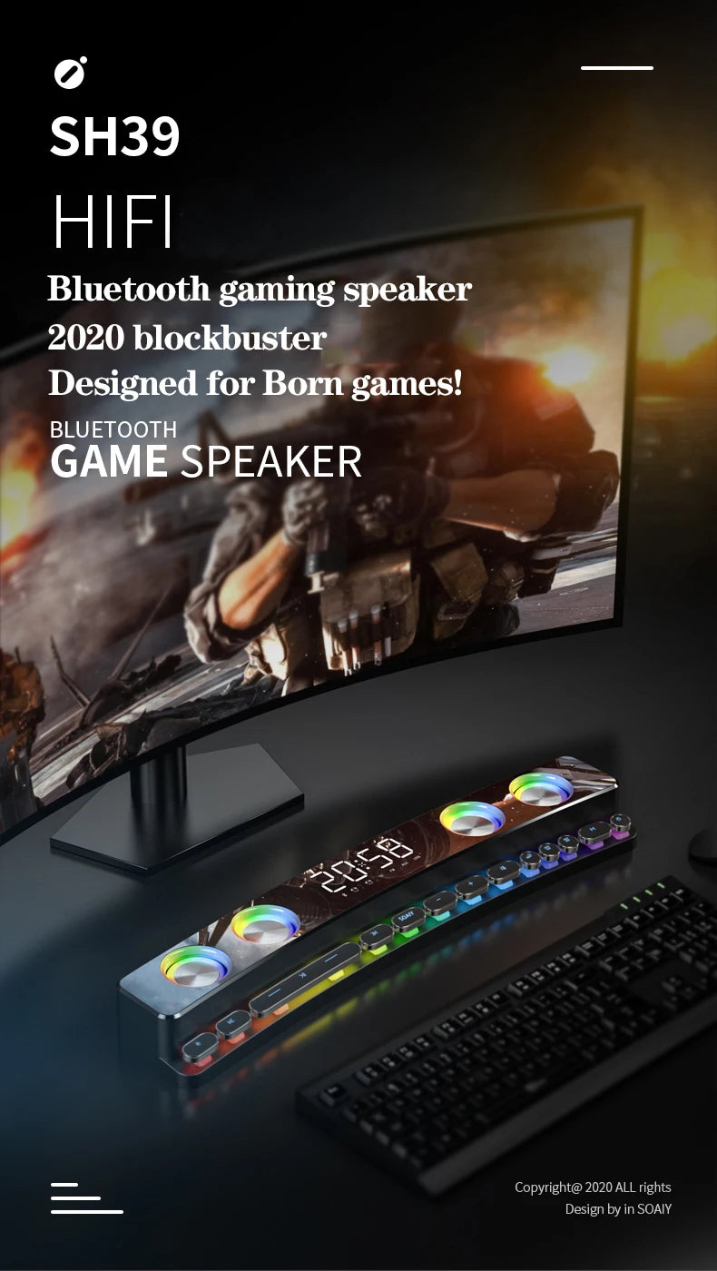 Computer Audio Desktop Notebook Long Multimedia Gaming Bluetooth Speaker Game Subwoofer 7 Color LED Lights/FM