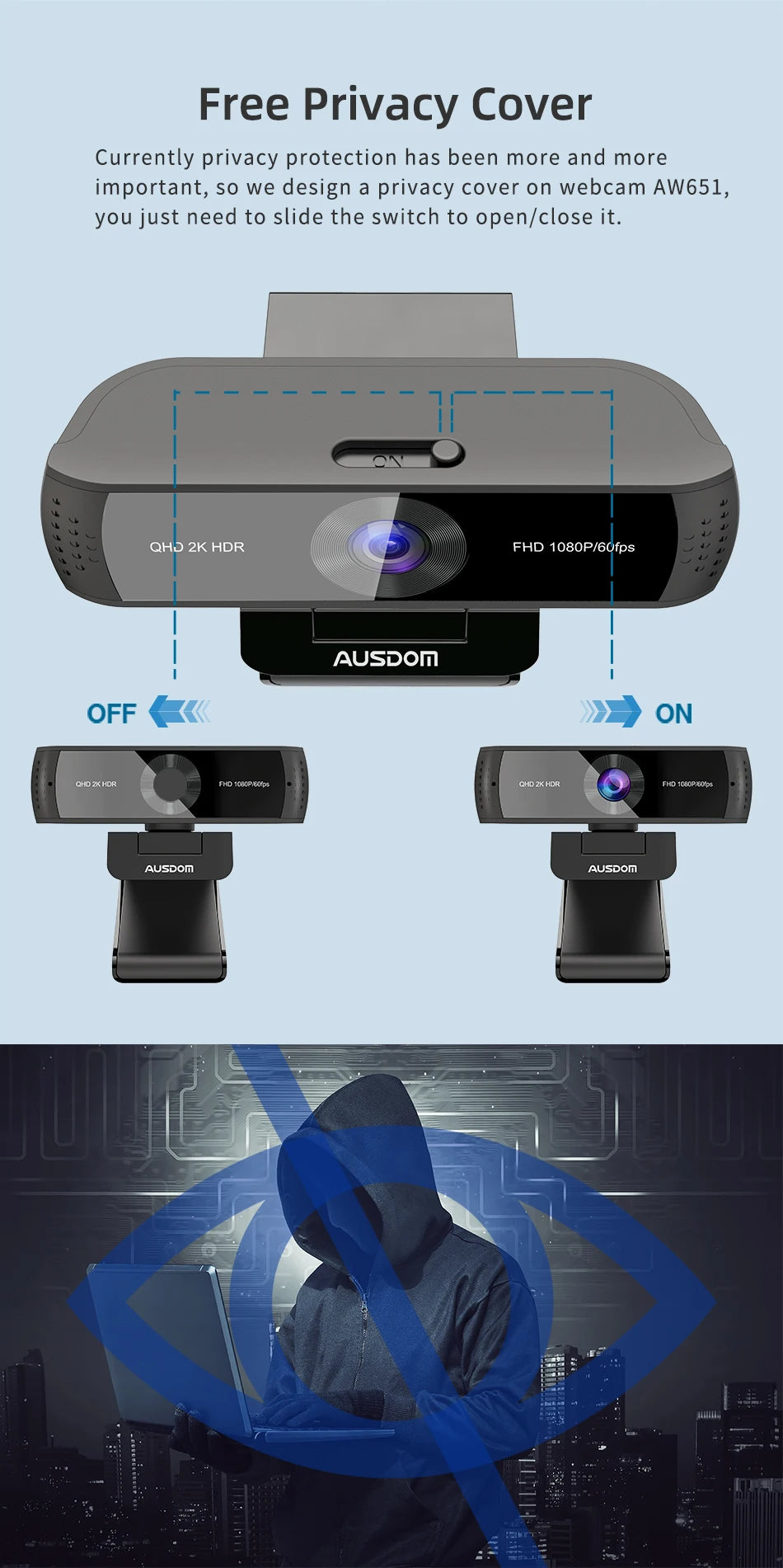 AUSDOM AW651 QHD 2K HDR 30FPS Webcam Autofocus 1080P 60FPS Web Camera With Noise-cancelling Mics and Free Privacy Cover for Live