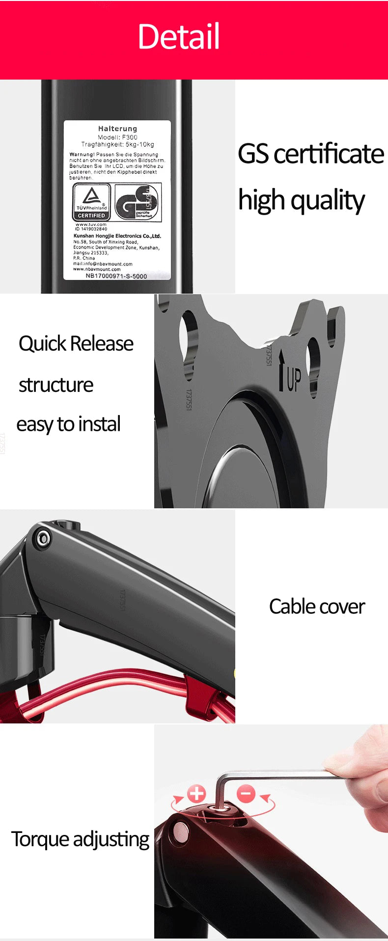 NB F150 Aluminum Gas Spring 3-12kg 100x100 75x75 17'-35' TV Monitor Wall Mount Screen Air Press Wall Bracket Holder Tilt Swivel