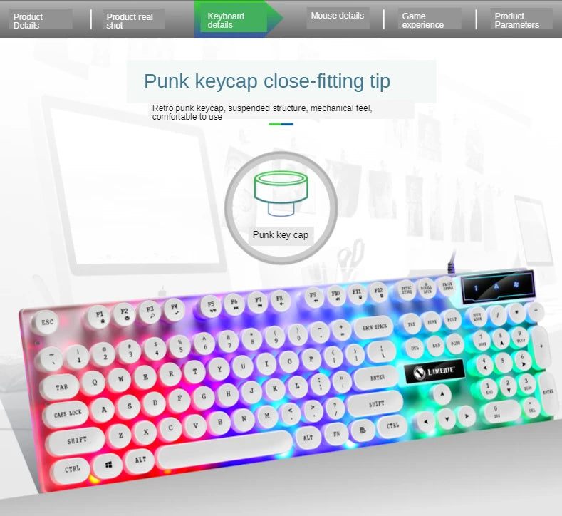 GTX300 Typewriter Keyboard and Mouse Set Punk Retro Keyboard Backlit Game USB Wired Keyboard and Mouse Set for PC Desktops