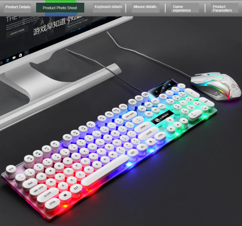 GTX300 Typewriter Keyboard and Mouse Set Punk Retro Keyboard Backlit Game USB Wired Keyboard and Mouse Set for PC Desktops