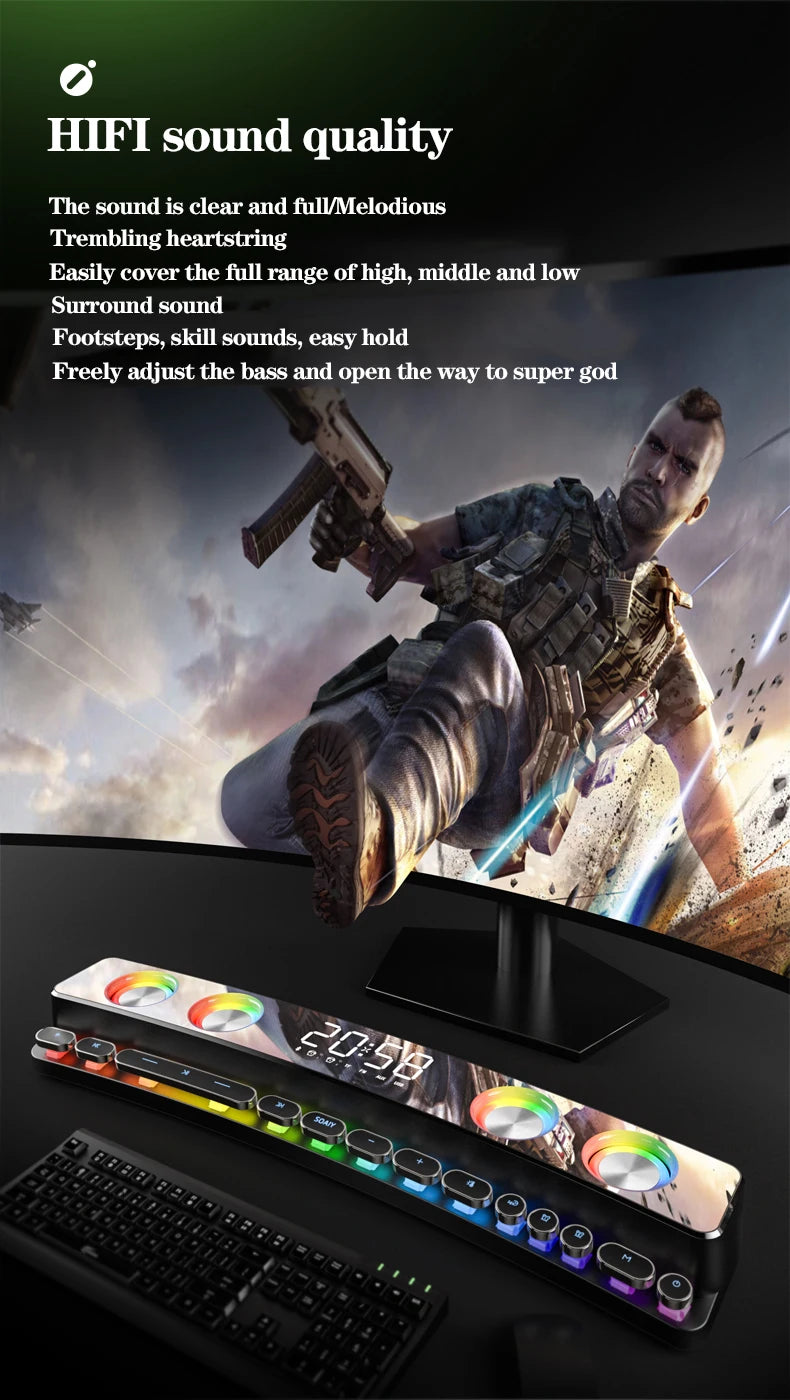 Computer Audio Desktop Notebook Long Multimedia Gaming Bluetooth Speaker Game Subwoofer 7 Color LED Lights/FM