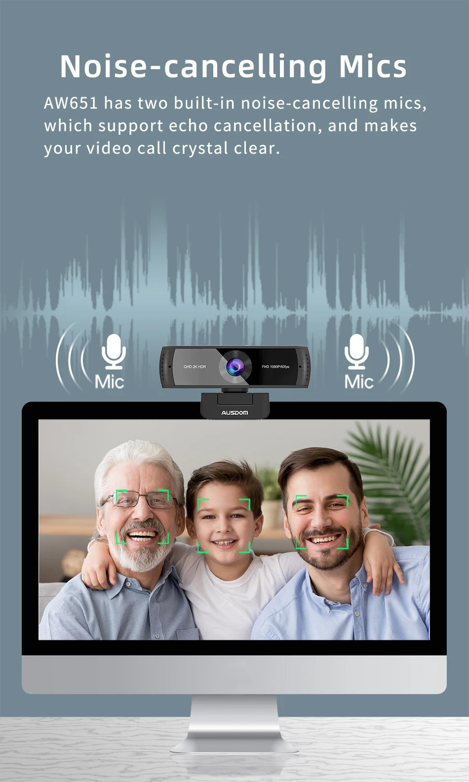 AUSDOM AW651 QHD 2K HDR 30FPS Webcam Autofocus 1080P 60FPS Web Camera With Noise-cancelling Mics and Free Privacy Cover for Live