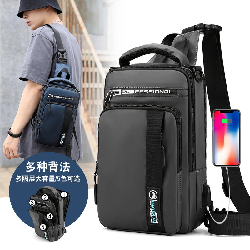 Men Small Backpack Chest Pack Shoulder Bag with USB Charging Port Travel Male Waterproof Nylon Sling Messenger Cross body Bags