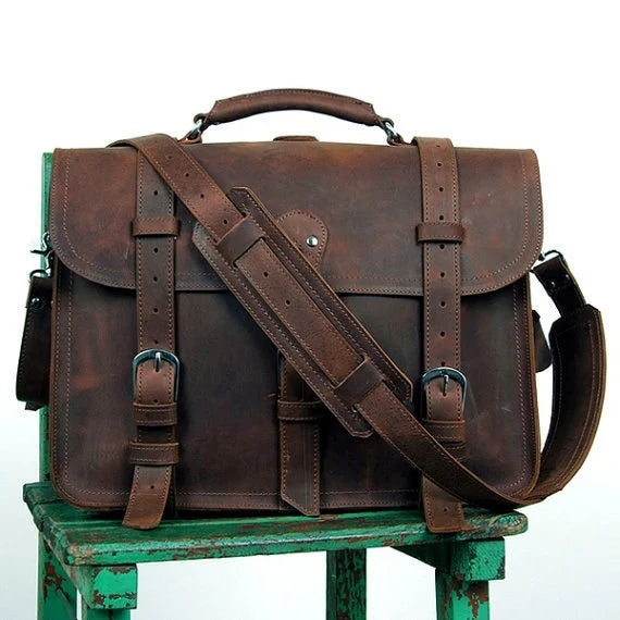 Vintage Crazy Horse Genuine Leather Men Briefcase Business Bag Large Leather Briefcase Male 15.6