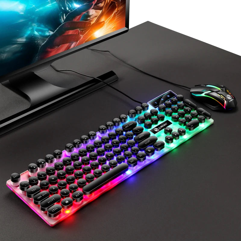 GTX300 Typewriter Keyboard and Mouse Set Punk Retro Keyboard Backlit Game USB Wired Keyboard and Mouse Set for PC Desktops