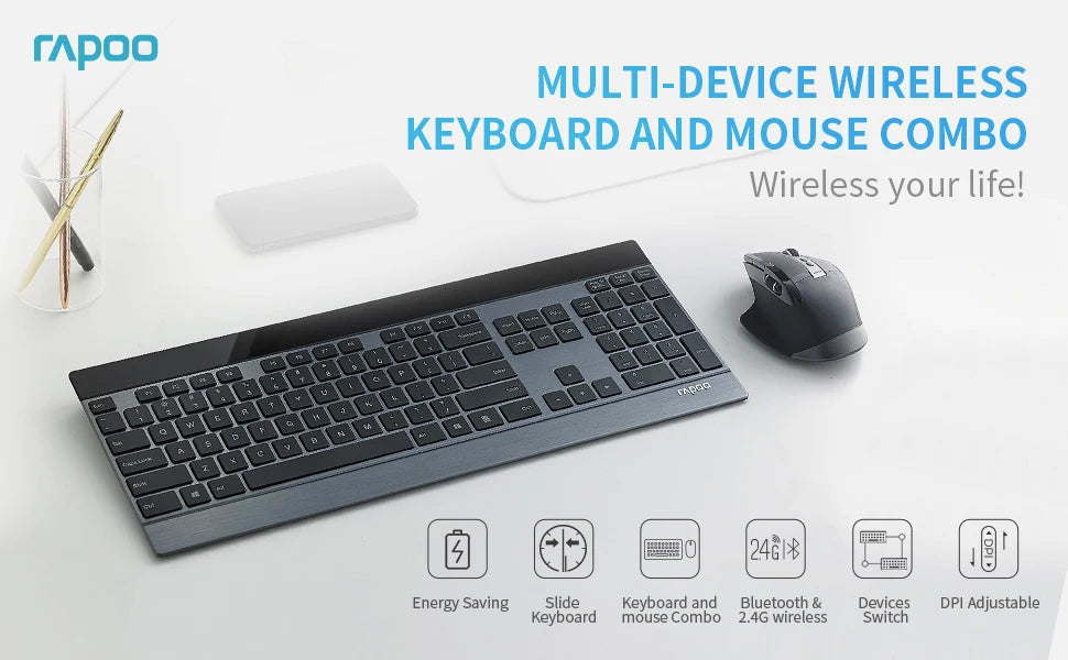 Rapoo Multi-mode Wireless Keyboard and Mouse Combo  Extremely Thin Metal Keyboard Rechargeable Mouse Easy-Connect Up to 4 Device