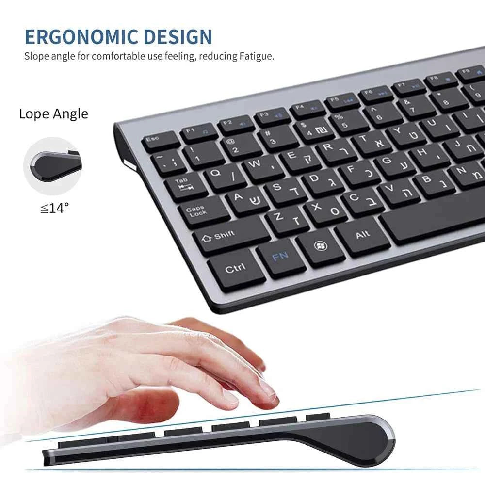 2.4G Hebrew Character Low Noise 101 Keys Wireless Keyboard Mouse Combo Slim Mice Compact Israel Wireless Keyboard for Desktop