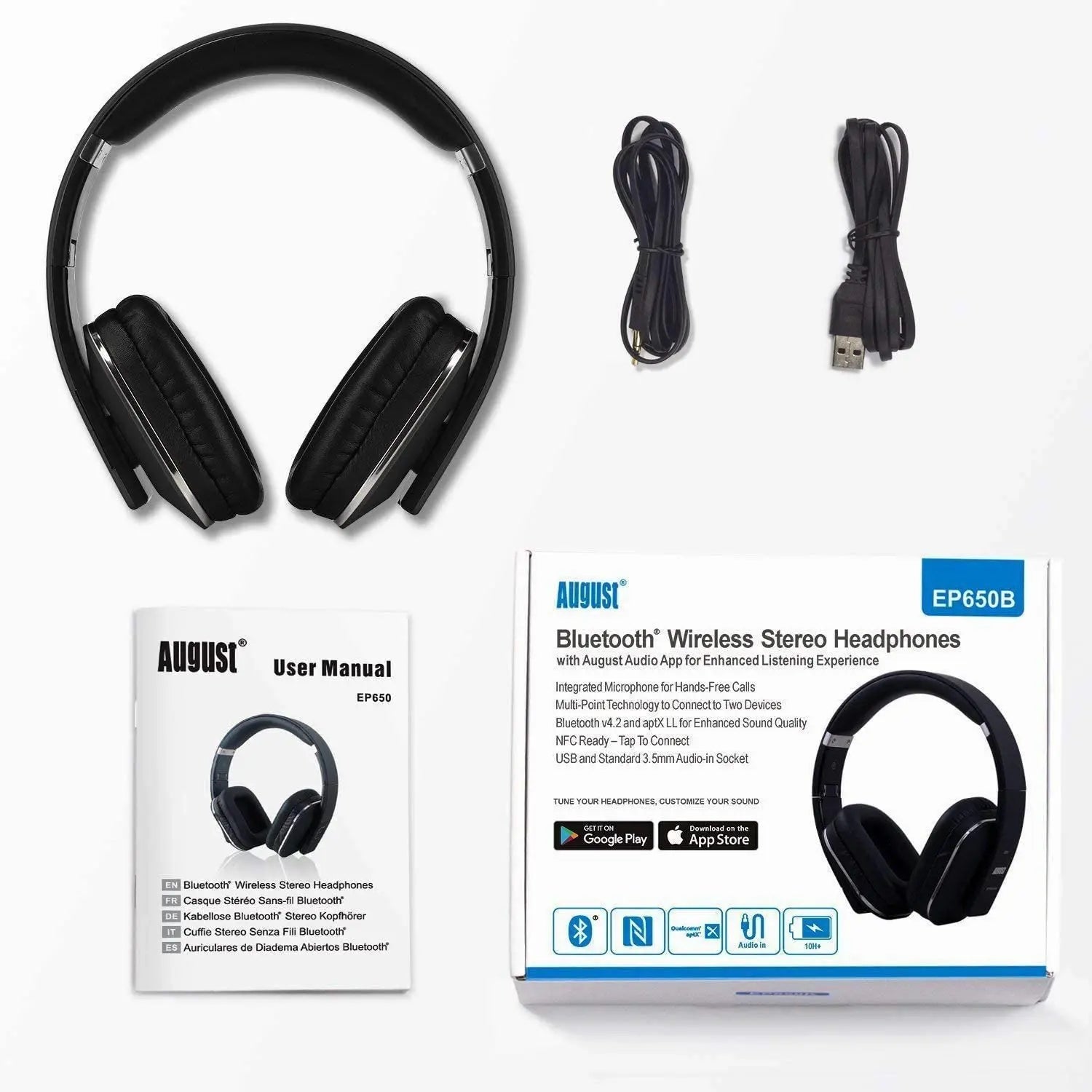 August EP650 Bluetooth Wireless Headphones with Mic/Multipoint/NFC Over Ear Bluetooth 4.2 Stereo Music aptX Headset for TV,Phone