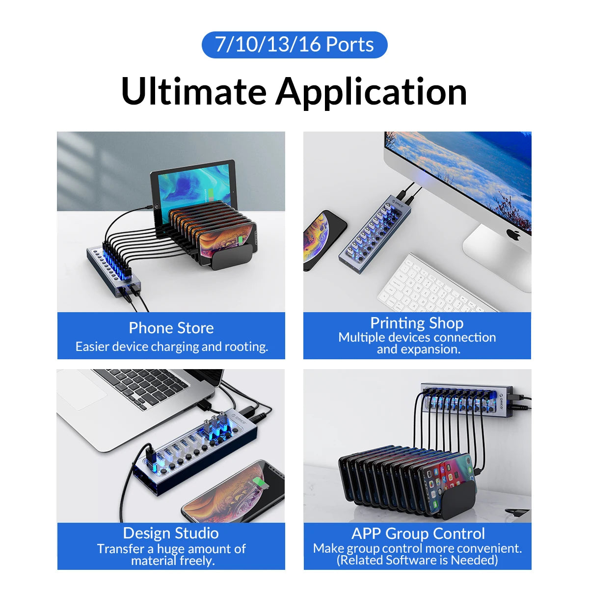 ORICO Powered USB 3.0 HUB 7/10/13/16 Ports USB Extension with On/Off Switches 12V Power Adapter Support BC1.2 Charging Splitter