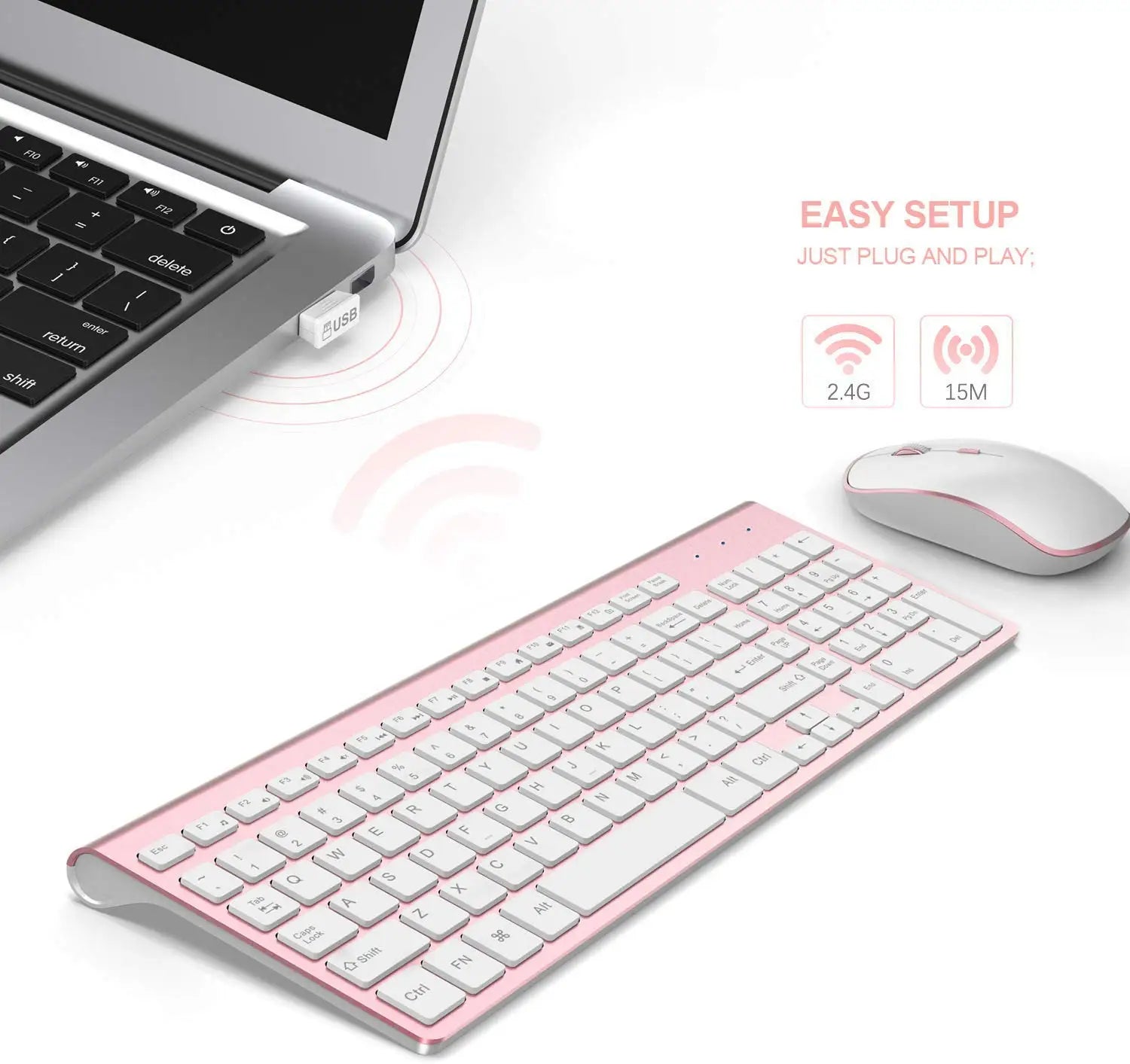 Wireless Keyboard and Mouse，Ergonomic design Full-size Keyboard mouse 2400 DPI，Spain/us/uk/Russia layout/France Black and pink