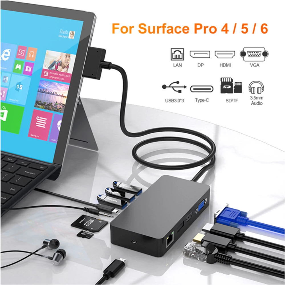 11 in 1 USB 3.0 Mini DP to 4K HD/DP/VGA 3.5 Audio Gigabit Ethernet SD/TF Card Reader Hub for Microsoft Surface Pro 4 5 6