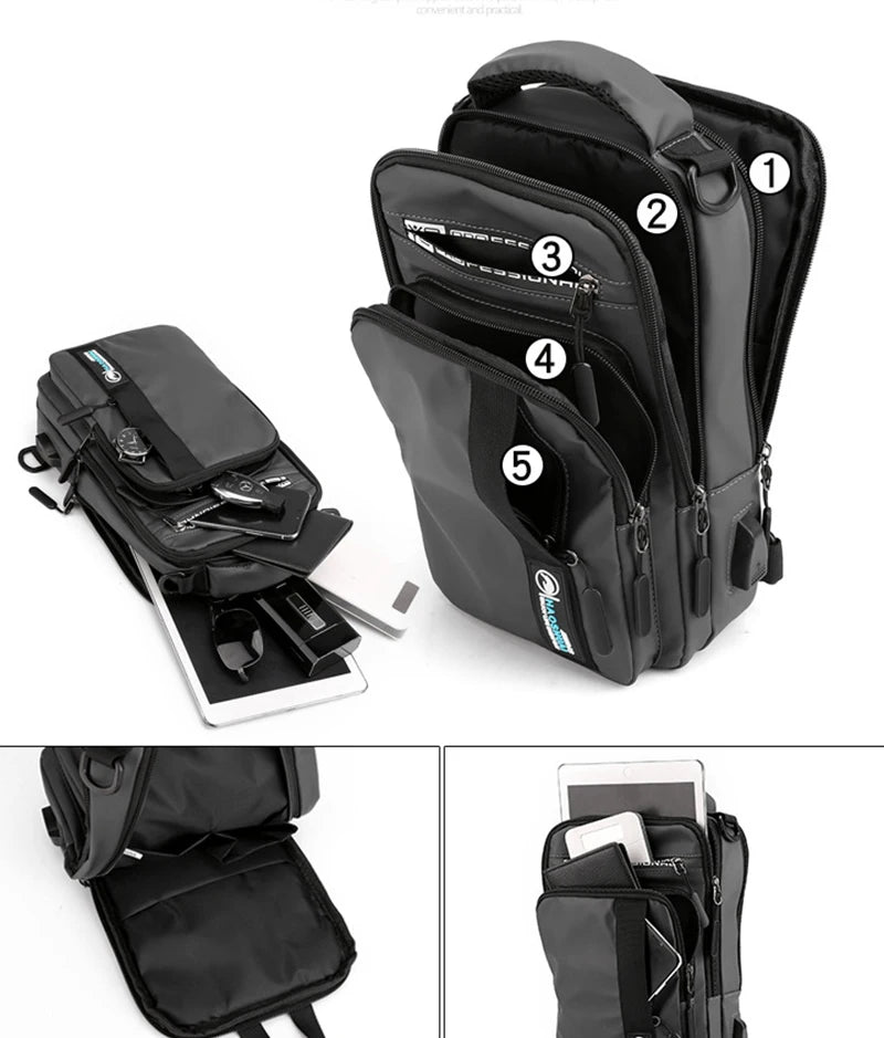 Men Small Backpack Chest Pack Shoulder Bag with USB Charging Port Travel Male Waterproof Nylon Sling Messenger Cross body Bags