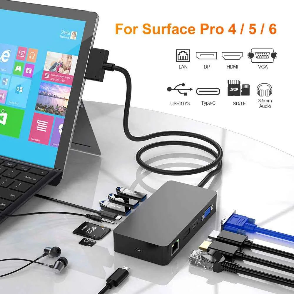 11 in 1 USB 3.0 Mini DP to 4K HD/DP/VGA 3.5 Audio Gigabit Ethernet SD/TF Card Reader Hub for Microsoft Surface Pro 4 5 6