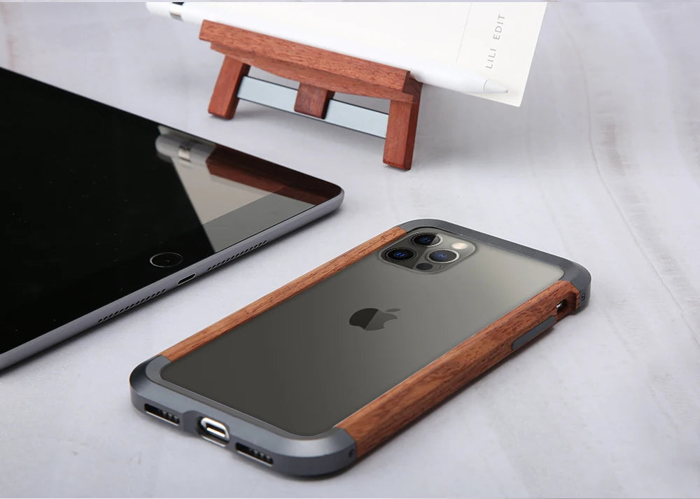 High Quality Natural Wood Phone Case for iPhone 14 13 12 11 Pro Max Mini XR XS Max X 7 8 SE Aluminum Metal+Wood Bumper Cover