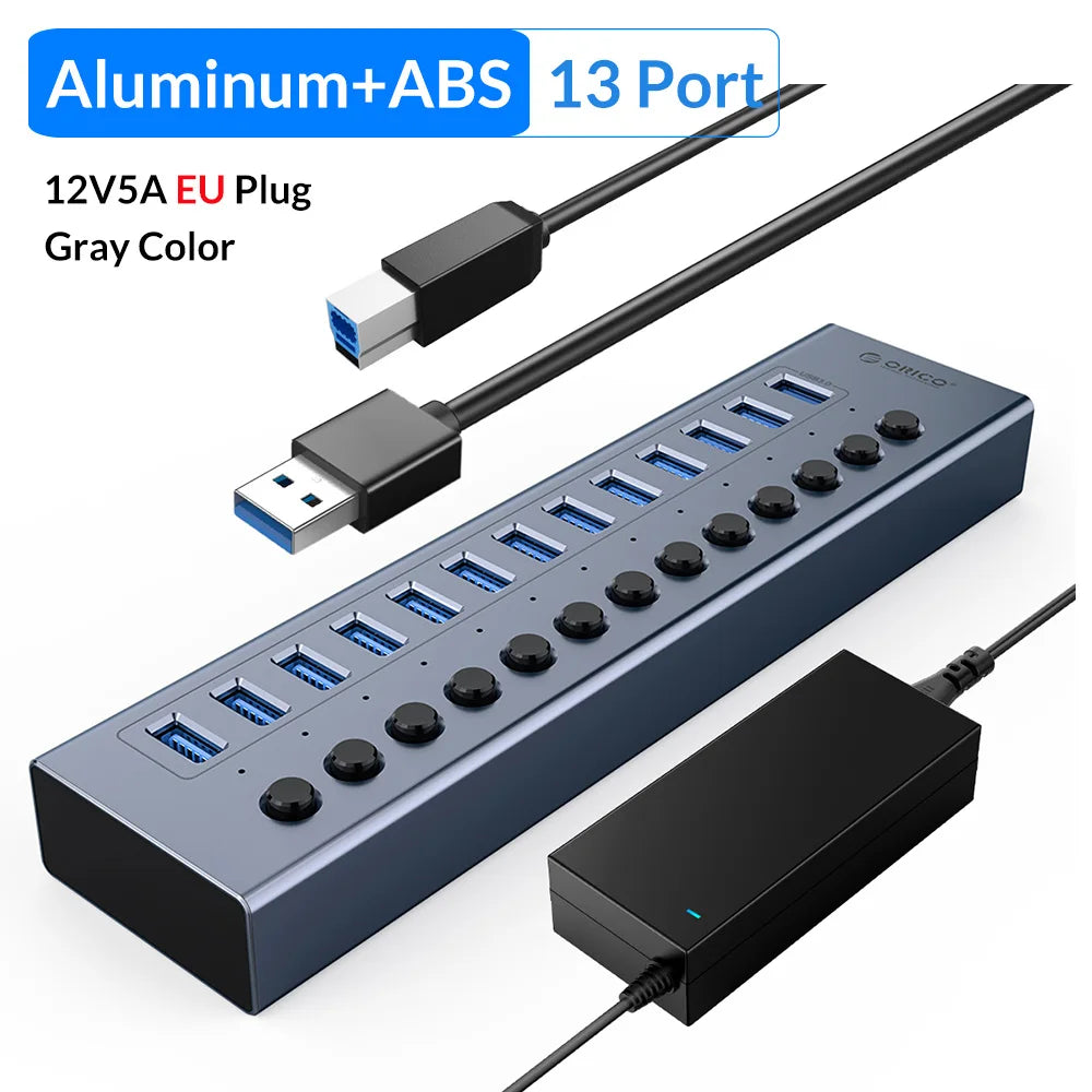 ORICO Powered USB 3.0 HUB 7/10/13/16 Ports USB Extension with On/Off Switches 12V Power Adapter Support BC1.2 Charging Splitter