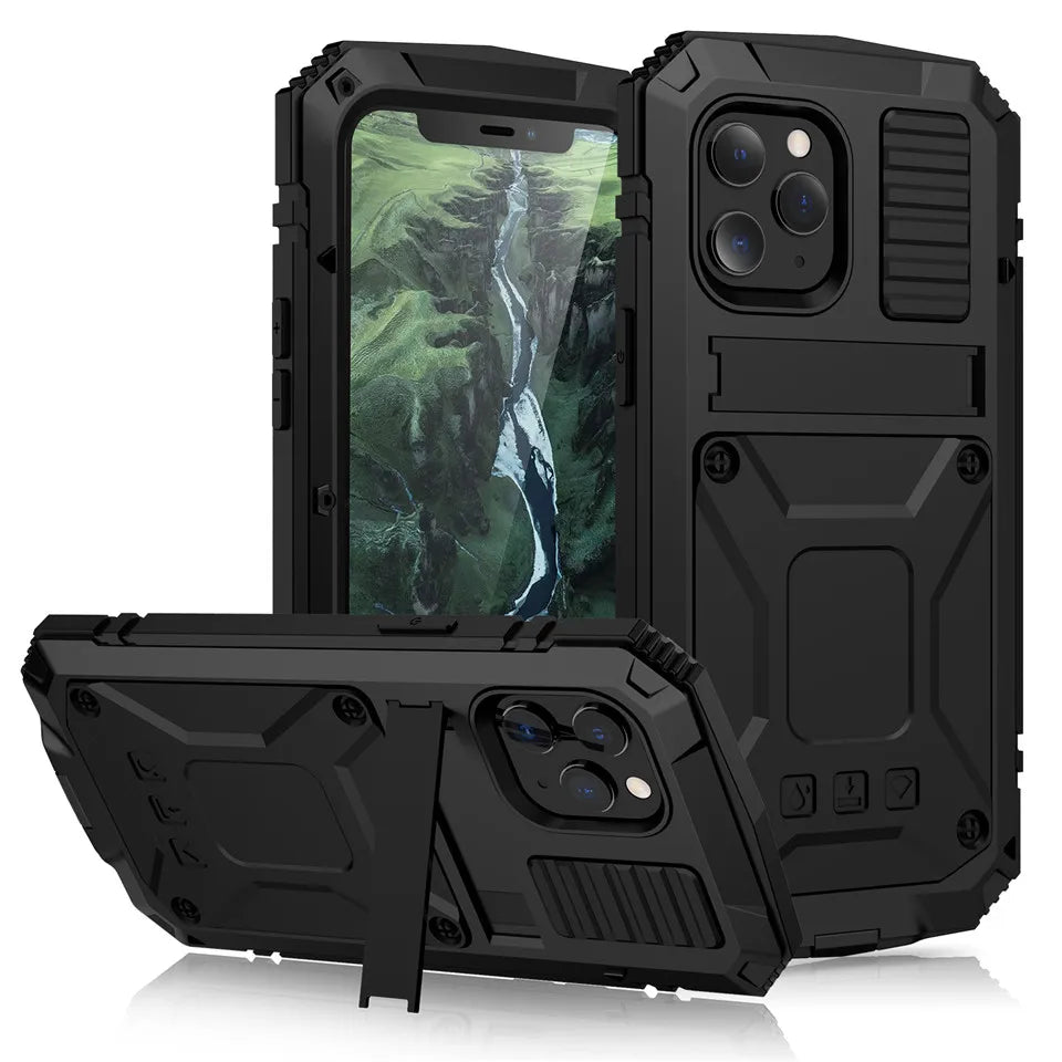 for iPhone 14 13 12 Pro Max Mini 11 Pro Max Case Full-Body Rugged Armor Shockproof Protective Kickstand Aluminum Metal Cover
