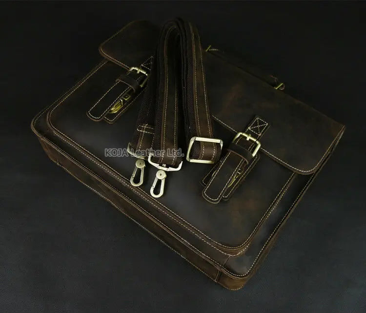 Vintage Crazy Horse Genuine Leather Men Briefcase 15