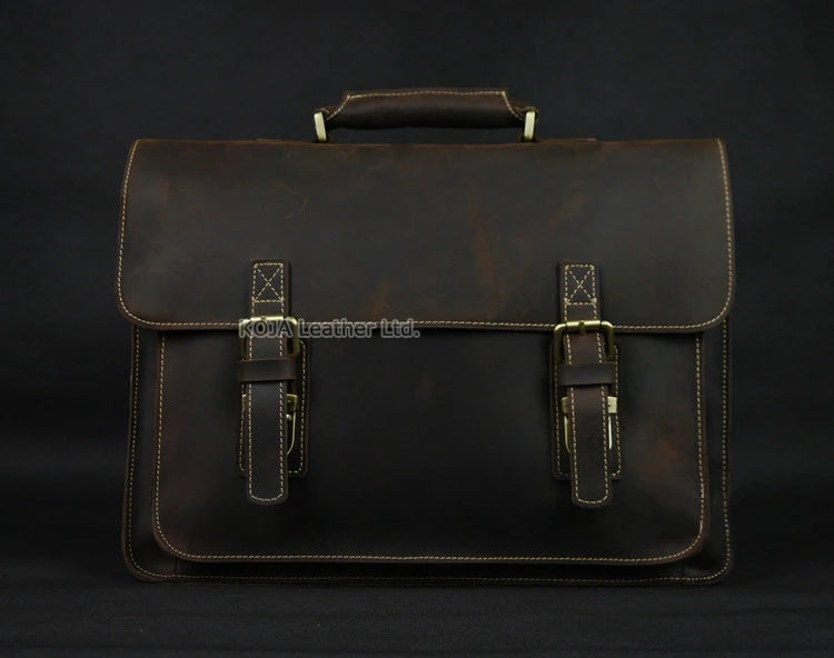 Vintage Crazy Horse Genuine Leather Men Briefcase 15