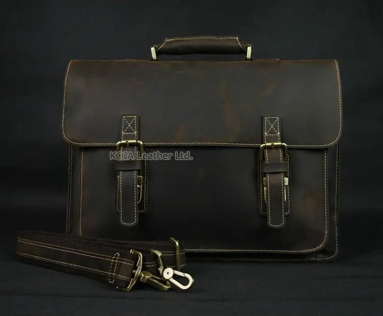 Vintage Crazy Horse Genuine Leather Men Briefcase 15