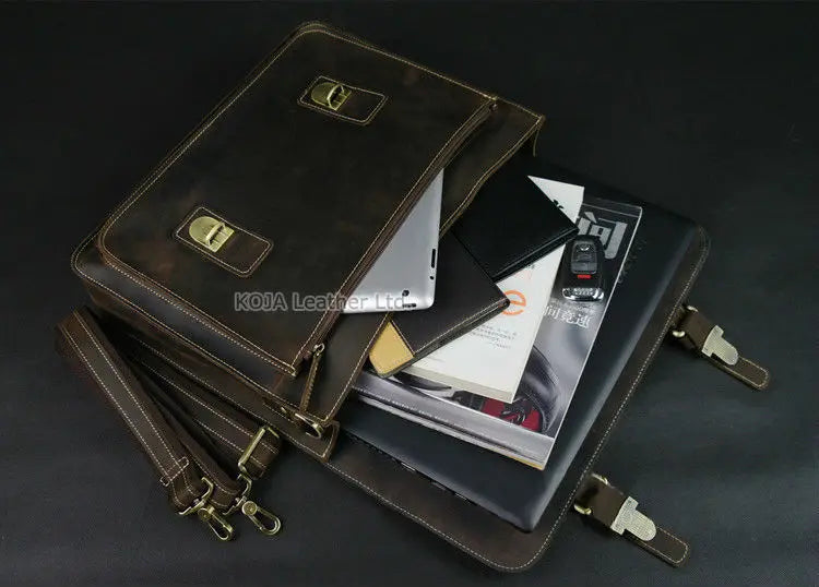 Vintage Crazy Horse Genuine Leather Men Briefcase 15