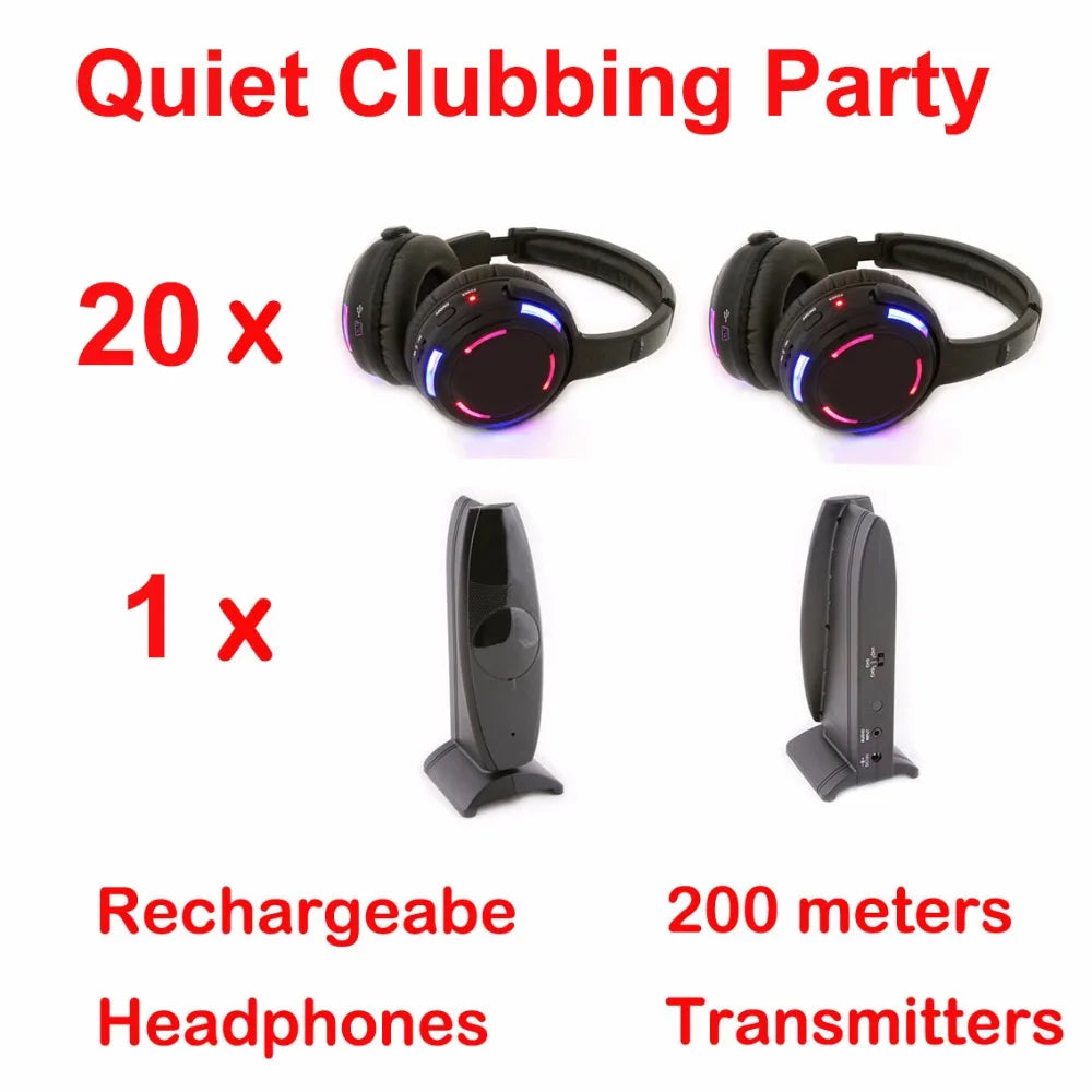 Silent Disco Professional System Over Head Led Wireless Headphones - Quiet Clubbing Party Bundle (20 RX+ 1 TX)
