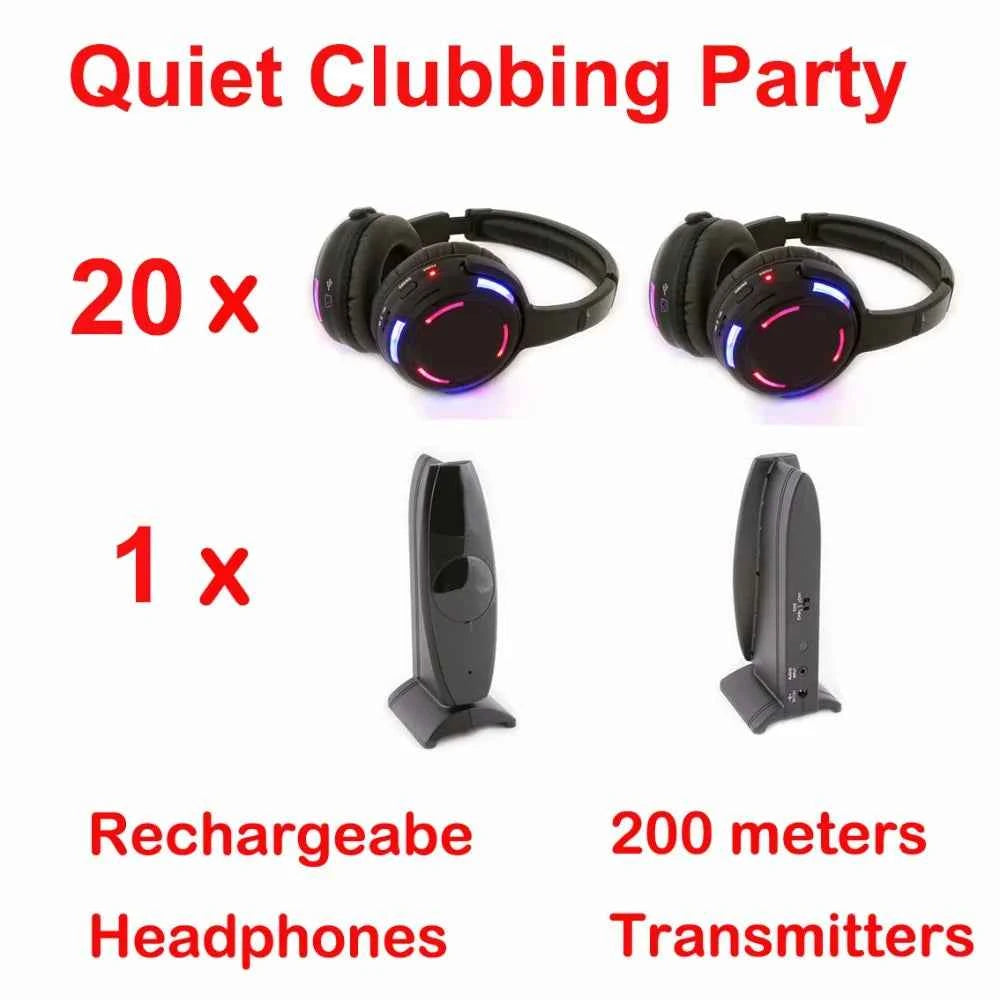 Silent Disco Professional System Over Head Led Wireless Headphones - Quiet Clubbing Party Bundle (20 RX+ 1 TX)
