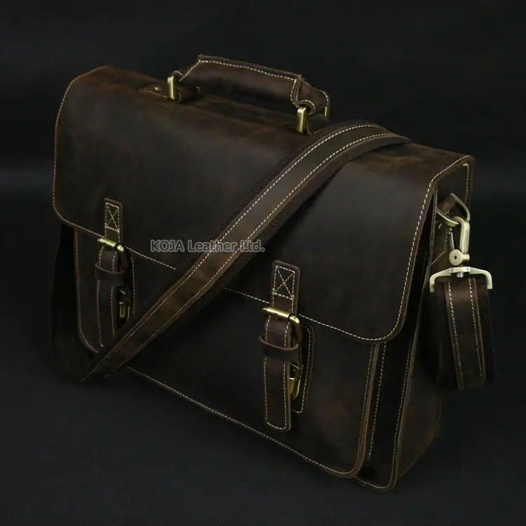 Vintage Crazy Horse Genuine Leather Men Briefcase 15