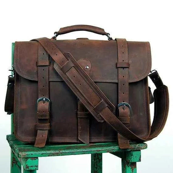Vintage Crazy Horse Genuine Leather Men Briefcase Business Bag Large Leather Briefcase Male 15.6