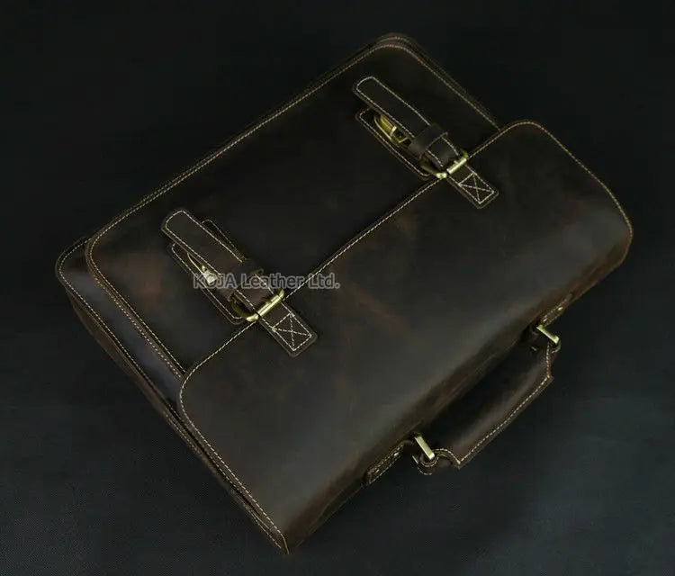 Vintage Crazy Horse Genuine Leather Men Briefcase 15