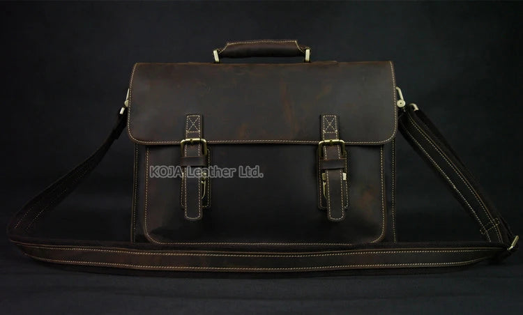 Vintage Crazy Horse Genuine Leather Men Briefcase 15