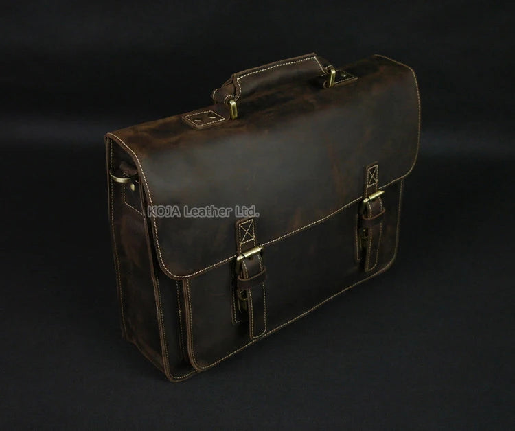 Vintage Crazy Horse Genuine Leather Men Briefcase 15